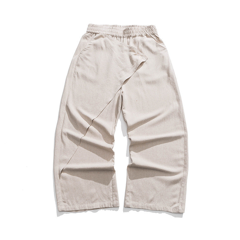 Light beige wide-leg cotton-linen trousers, elastic waistband, diagonal wrap front