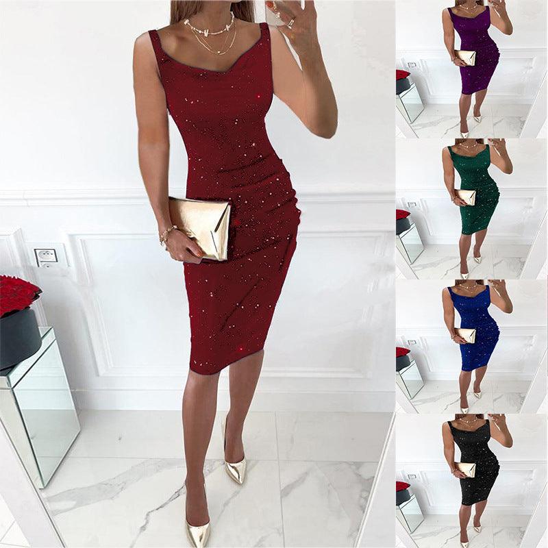 Casual Rhinestone Wrapped Hip Fashionable Dress - WOMONA.COM