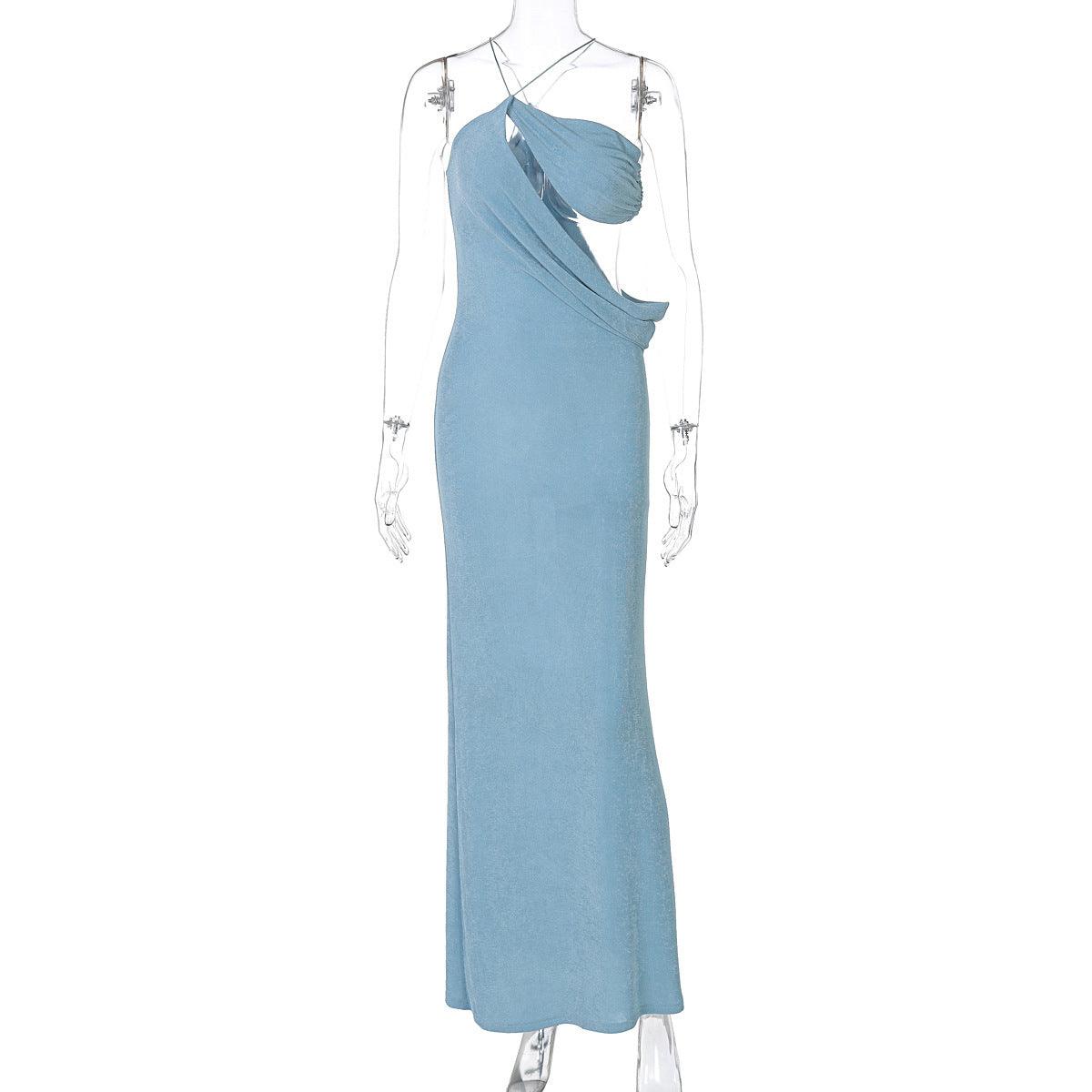 Light blue slim maxi dress on mannequin, one-shoulder draped bodice with cutout