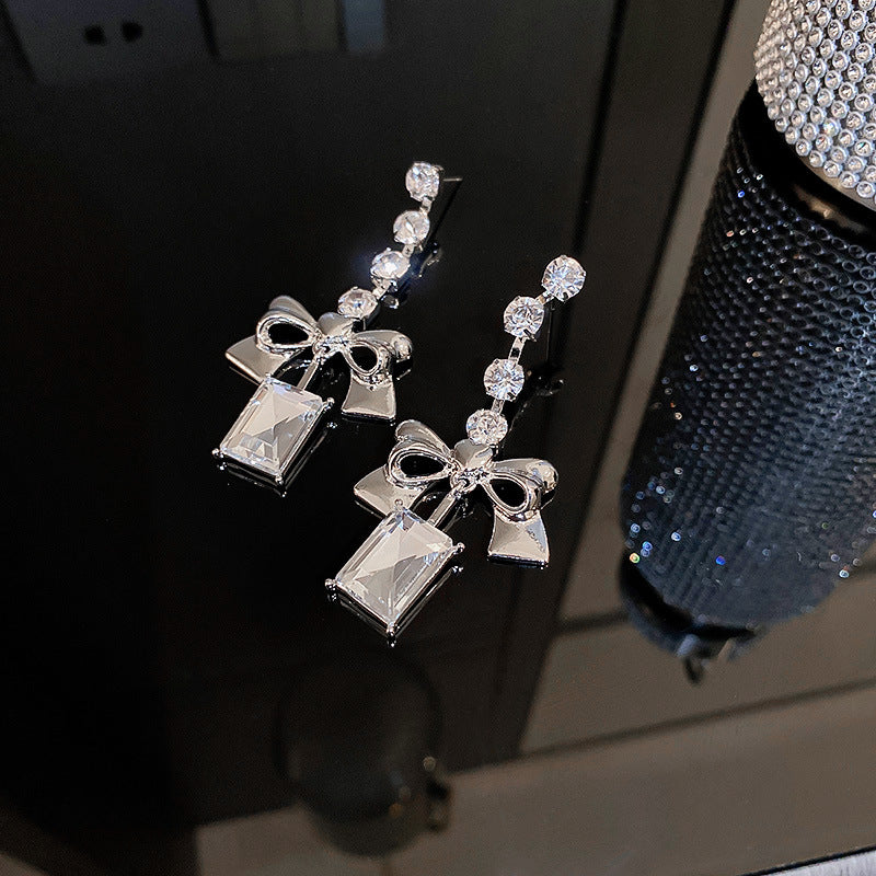 Diamond Bow Long Earrings - WOMONA.COM