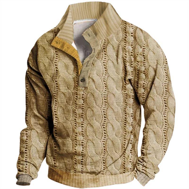 Beige textured cable knit henley pullover with button placket, long sleeves, brown stand collar