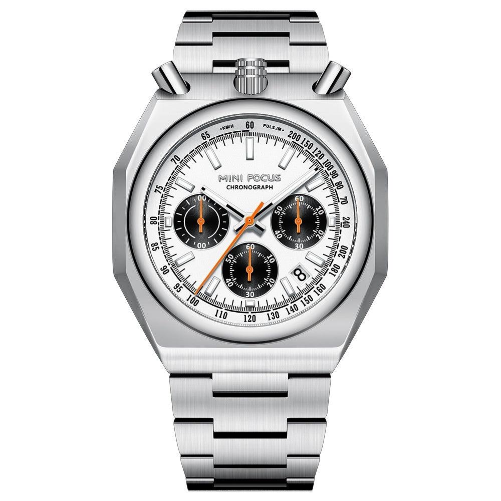 Men's steel chronograph watch with white dial and three subdials, metal bracelet