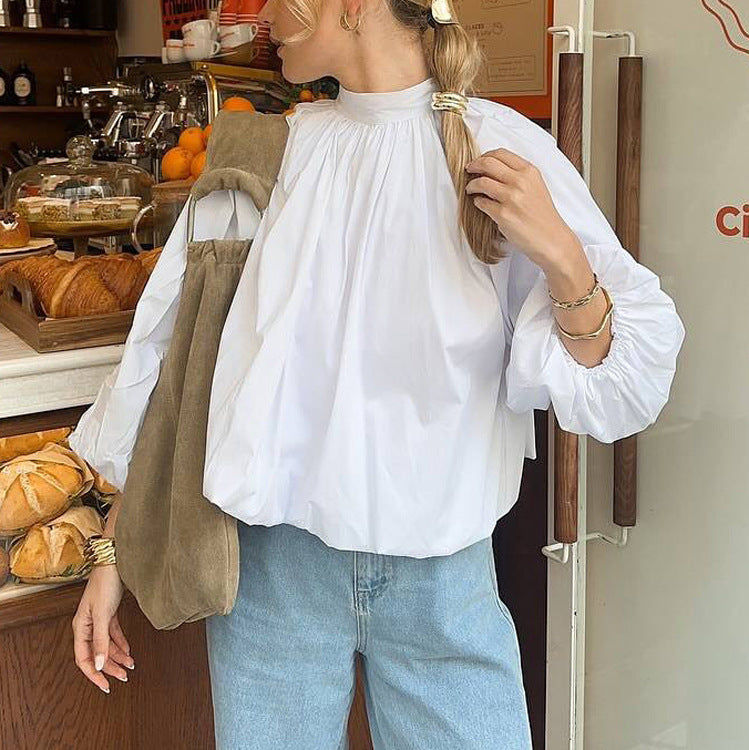 Women's Puff-Sleeve Backless Stand-Collar Blouse