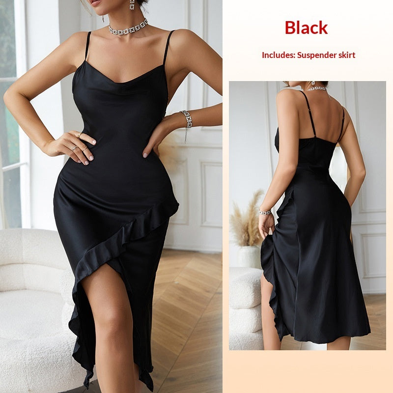 Black satin slip nightdress with spaghetti straps and suspender skirt ruffle hem