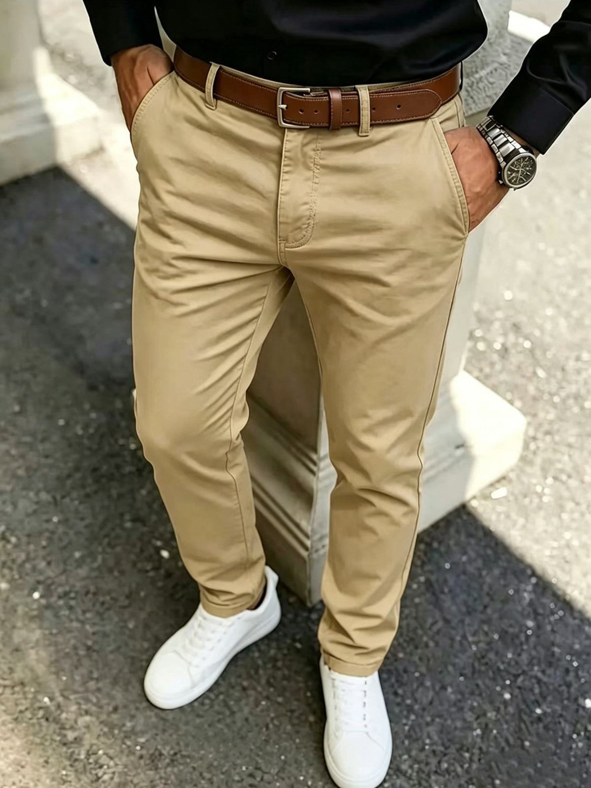 Khaki slim-fit casual cotton pants, front view with belt loops.
