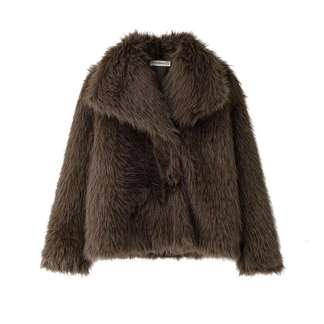 Brown faux fur fluffy jacket with notched lapel and long sleeves, front view.