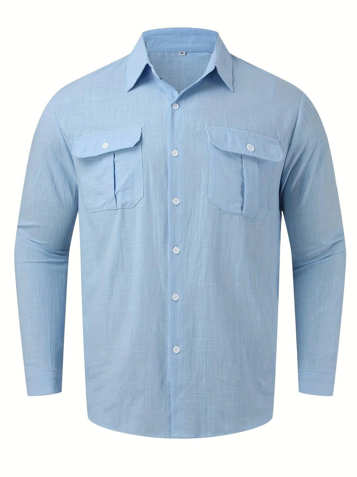 Light blue long-sleeve button-up shirt with two chest flap pockets.