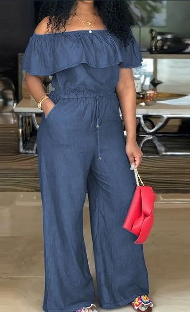 Navy blue off-shoulder jumpsuit with tie waist and ruffled neckline