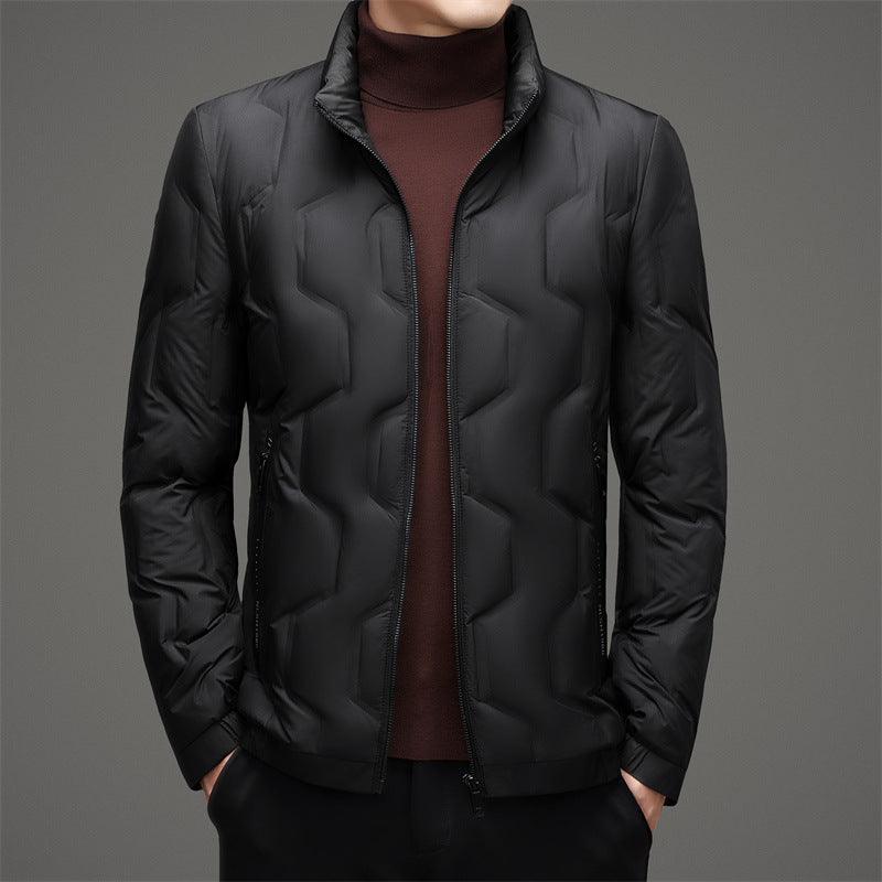 Black thin down jacket with stand-up collar, zip front, and quilted diamond stitching