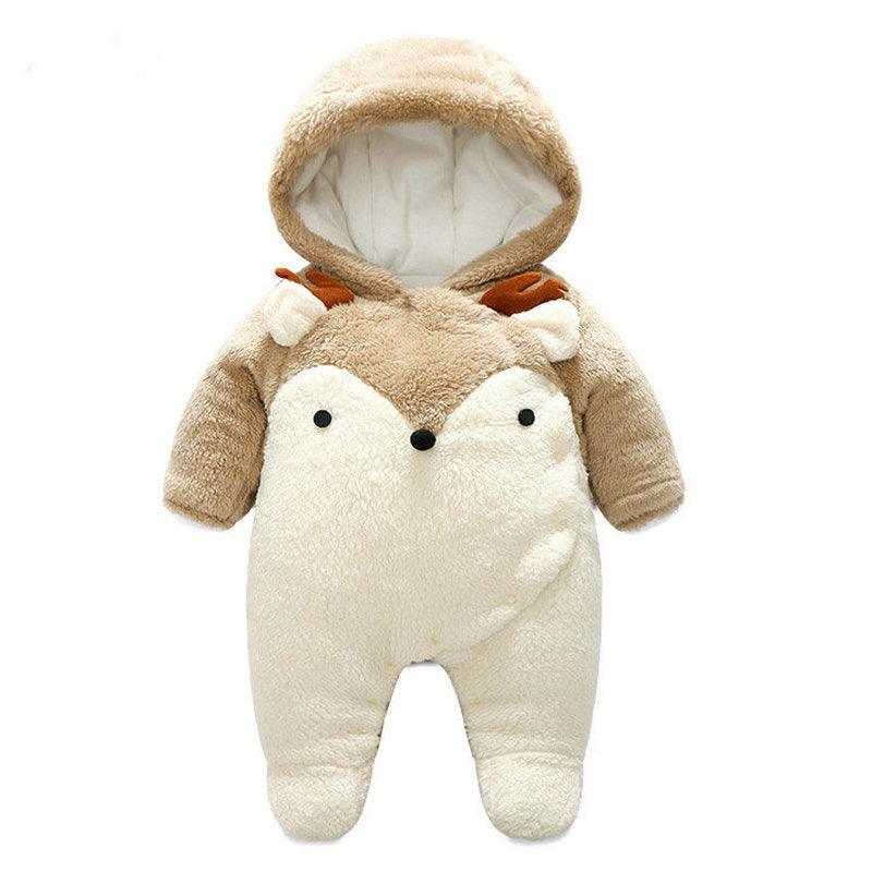 Cream plush hooded baby onesie with fox-face applique and footed legs