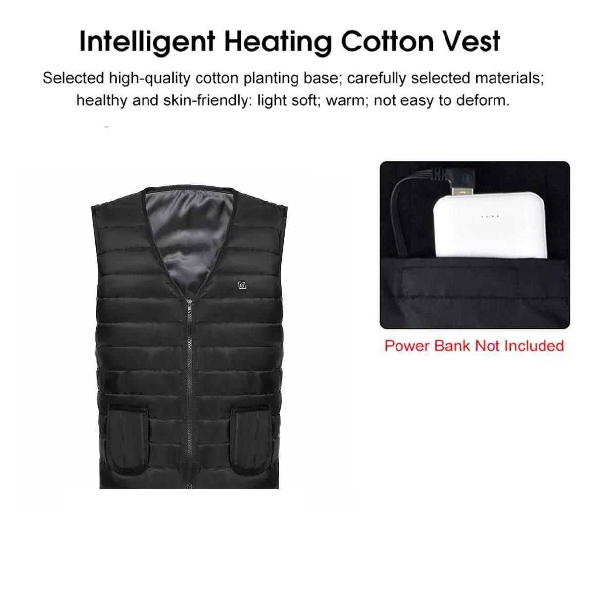 Black heated vest with zip front, padded quilting, and two front pockets
