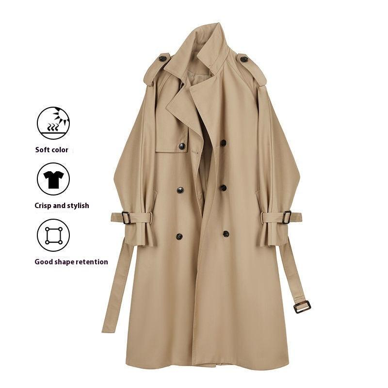 Khaki mid-length draping casual coat with double-breasted button front and wide lapels