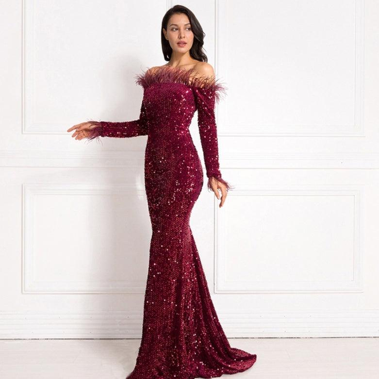Wine red off-shoulder fishtail sequin dress with long feather trim sleeves