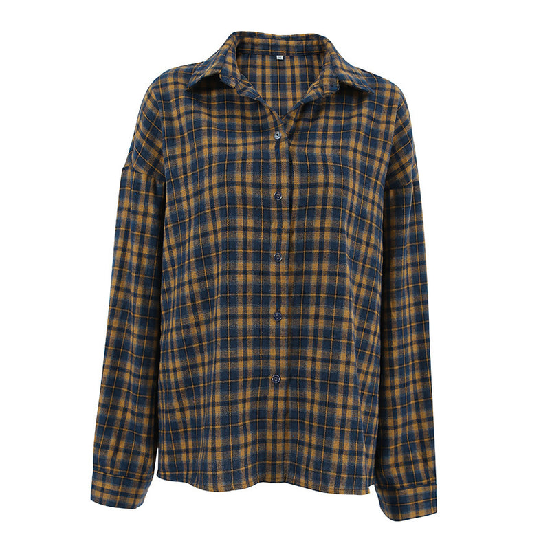 Camisa de cuadros marrón americana de otoño para mujer