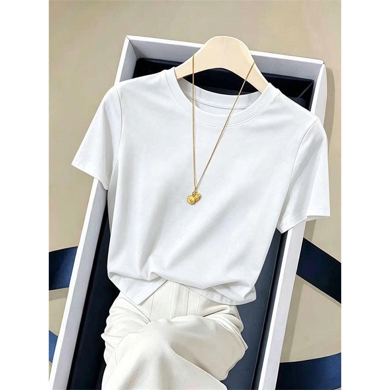 Women’s crewneck short-sleeve T-shirt in white with draped neckline detail