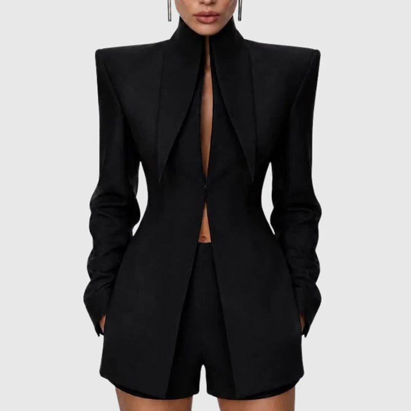 Black pointed-collar fitted peplum blazer with deep V front and long sleeves