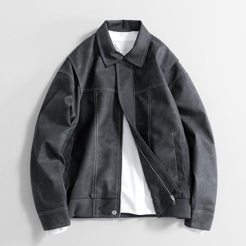 Men's PU leather jacket, dark gray, stand collar, asym zipper chest pocket