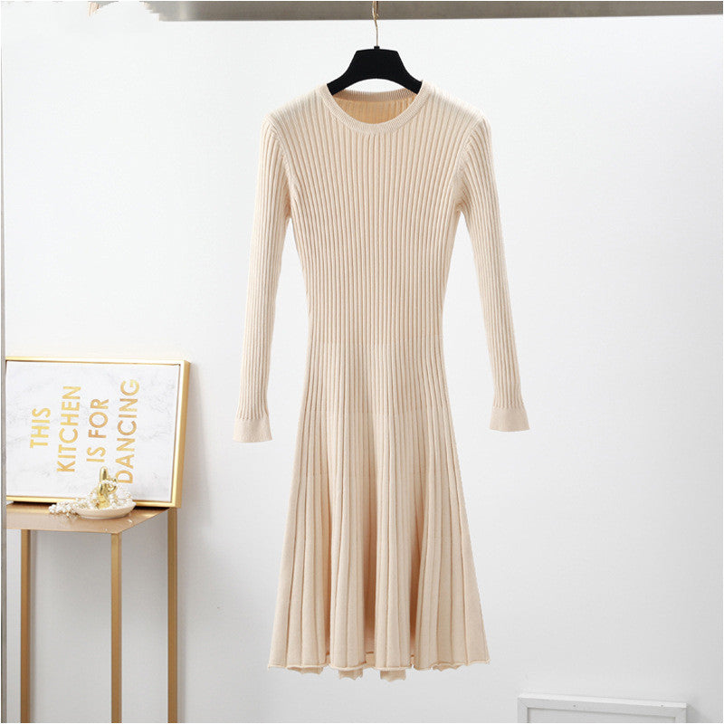 Round Neck Knitted Long Sleeve A- Line Dress Winter Warm Skirt - WOMONA.COM