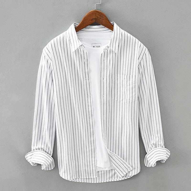 Men's white cotton striped long-sleeve button shirt with chest pocket and cuffs.