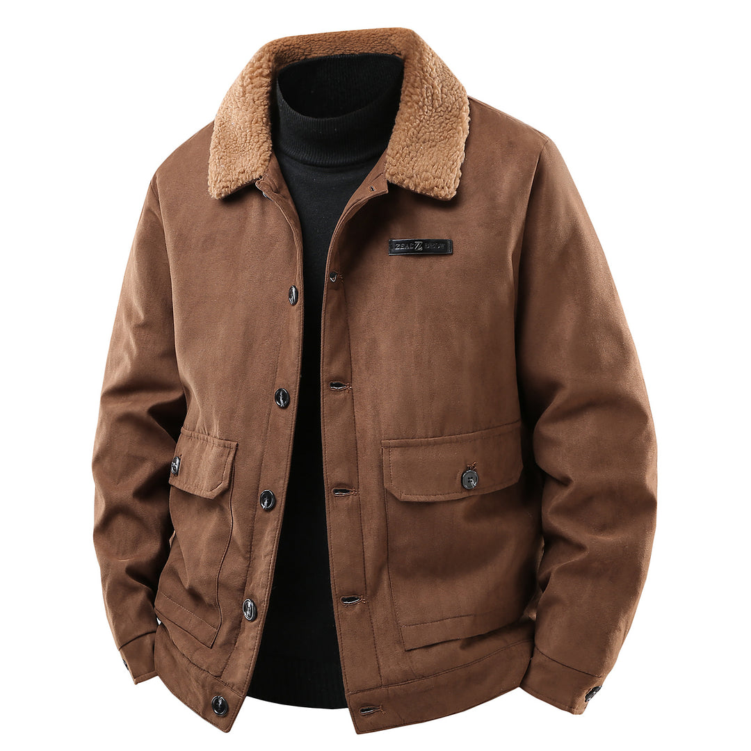 Men's thickened fleece-lined suede jacket with patch pockets in brown, black and dark gray – photo 1 of 7