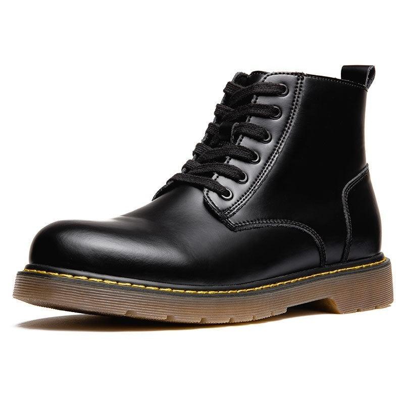 Black leather mid-top lace-up ankle boots with round toe and yellow welt sole.