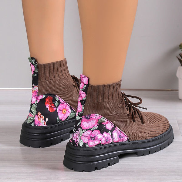 Flowers Print Sock Boots Knitted Mesh Shoes - WOMONA.COM