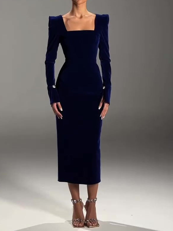 Women's navy velvet square-neck midi dress
