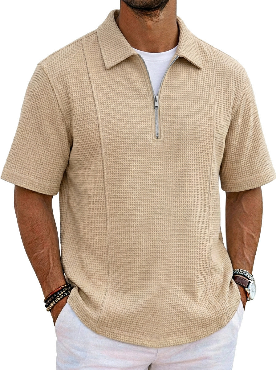 Men's half-zip polo shirt, beige textured knit, boat neckline