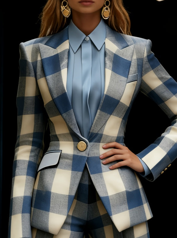Women’s slim-fit suit jacket in blue, cream, and gray plaid with notched lapel and gold button