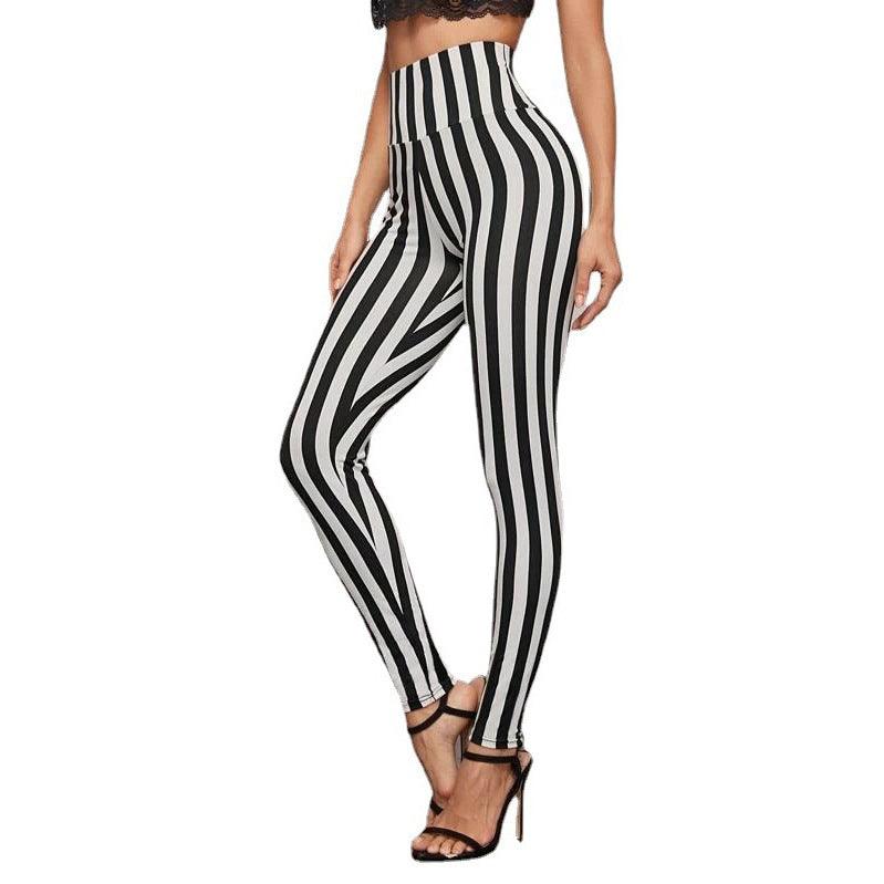 Vertical Stripes High Waist Leggings Cropped Skinny Pants - WOMONA.COM