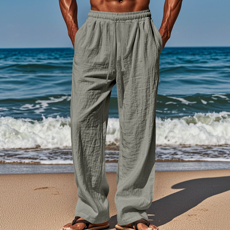Men's linen-cotton loose-fit casual pants in khaki-gray, drawstring waist, relaxed legs