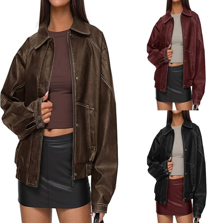 Women's relaxed zip-up faux leather pocket jacket
