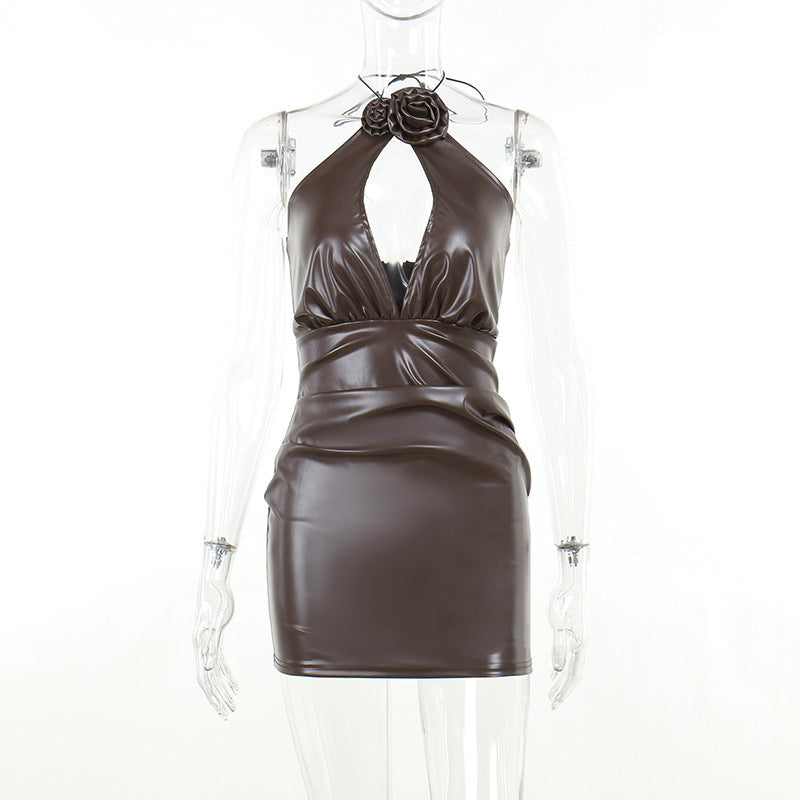 Leather Three-dimensional Flower Halter Sheath Dress - WOMONA.COM