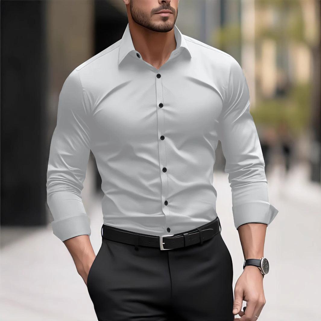 Men's long-sleeve button-up business shirt, white with pointed collar and button placket