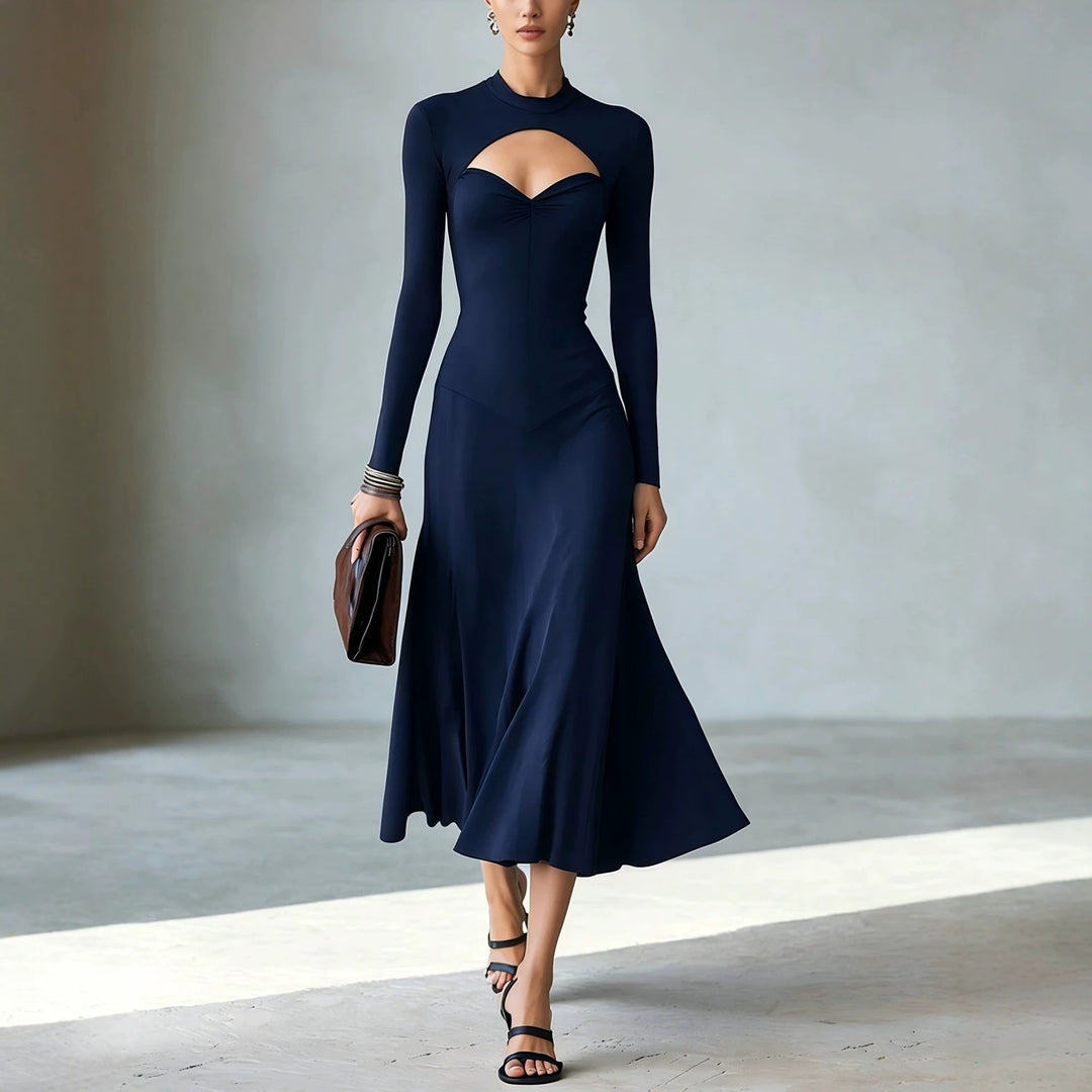Navy-blue mock-neck midi dress with long sleeves, fitted silhouette, chest cutout detail