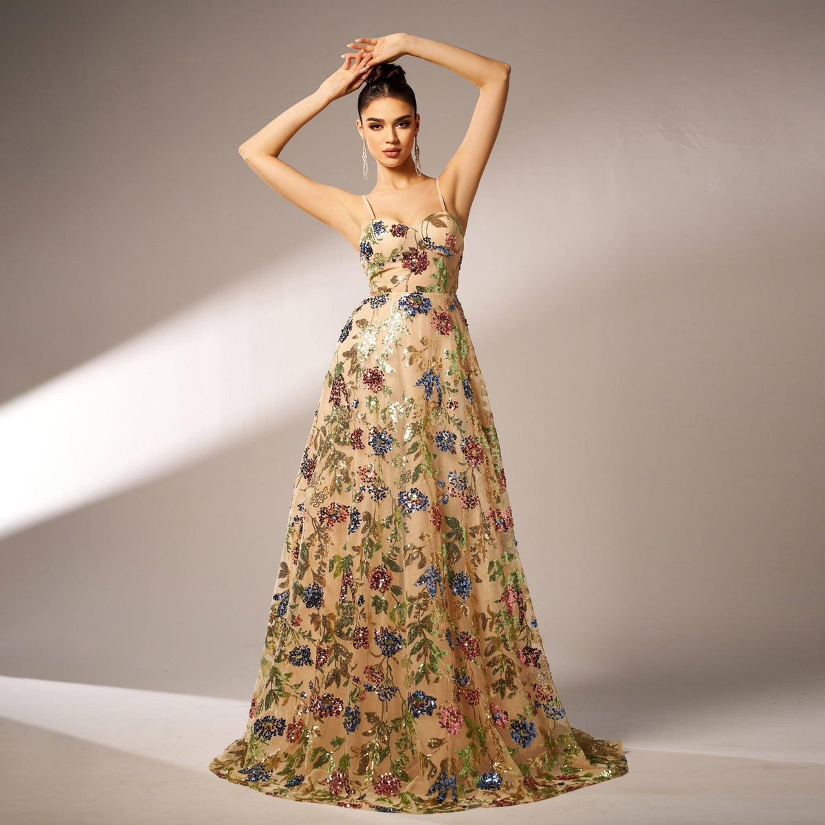 Apricot sequined evening dress with floral print, long A-line skirt and spaghetti straps