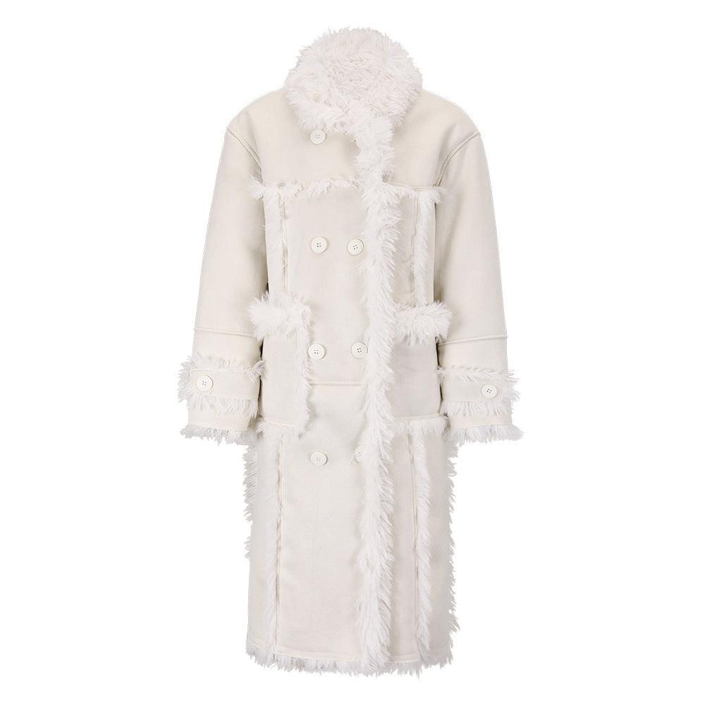 Ivory long one-piece coat with fur trim, button front, and fringed cuffs