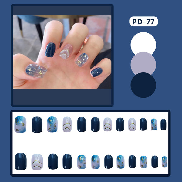 Sea Blue Smudged Fake Nail Stickers Wear Nails - WOMONA.COM