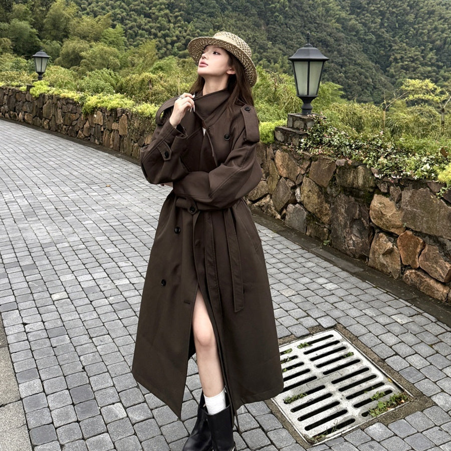 Women's tea brown retro double-breasted trench coat