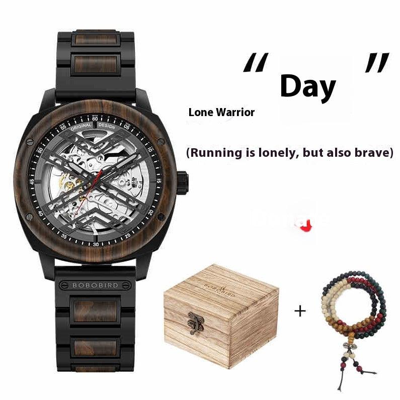 Men's mechanical skeleton watch with black strap, plus wooden gift box and beaded bracelet