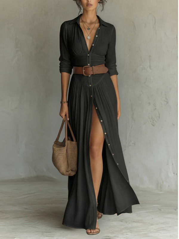 Women's V-Neck Side-Slit Maxi Shirt Dress – product view 9 | WOMONA