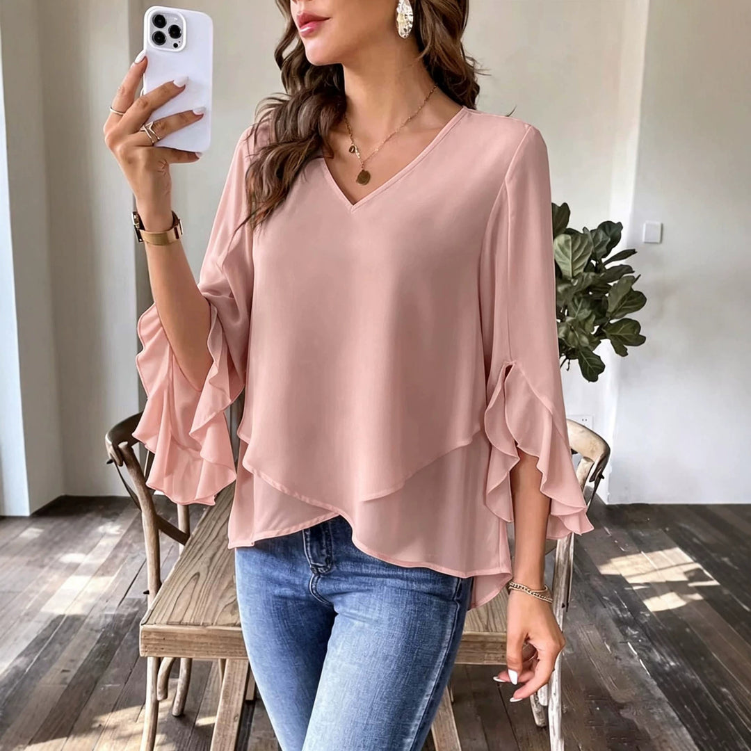 Women's relaxed-fit V-neck ruffle-sleeve top in dusty pink