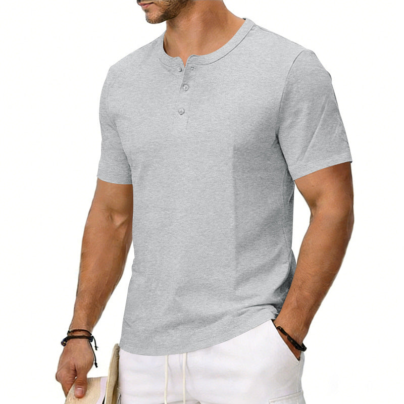 Men's short-sleeve henley T-shirt in light gray with button placket and crew neckline