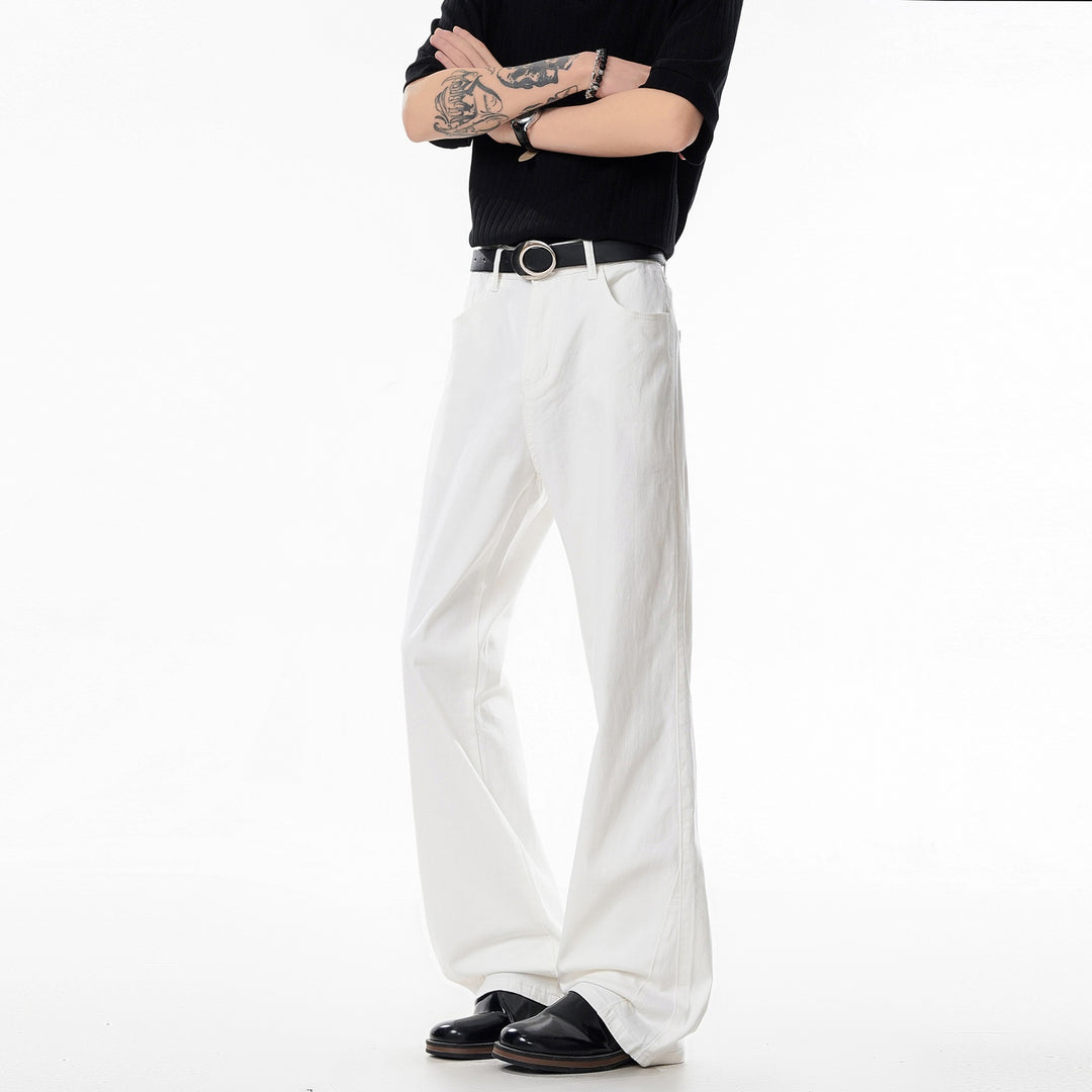 White straight-leg jeans with belt loops and front button closure