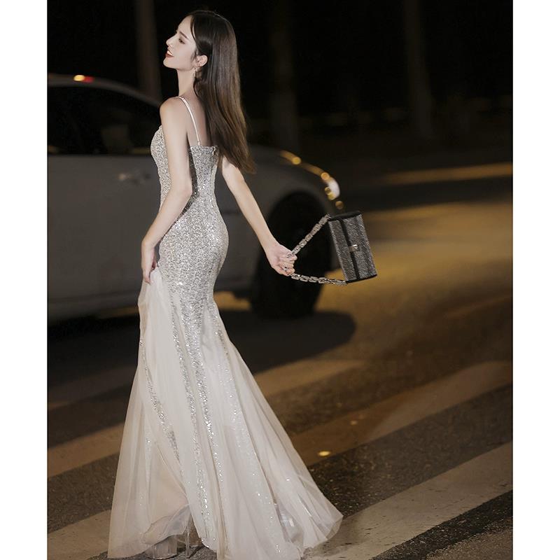 High-end Elegant Silver Sequined Fishtail Evening Dress - WOMONA.COM