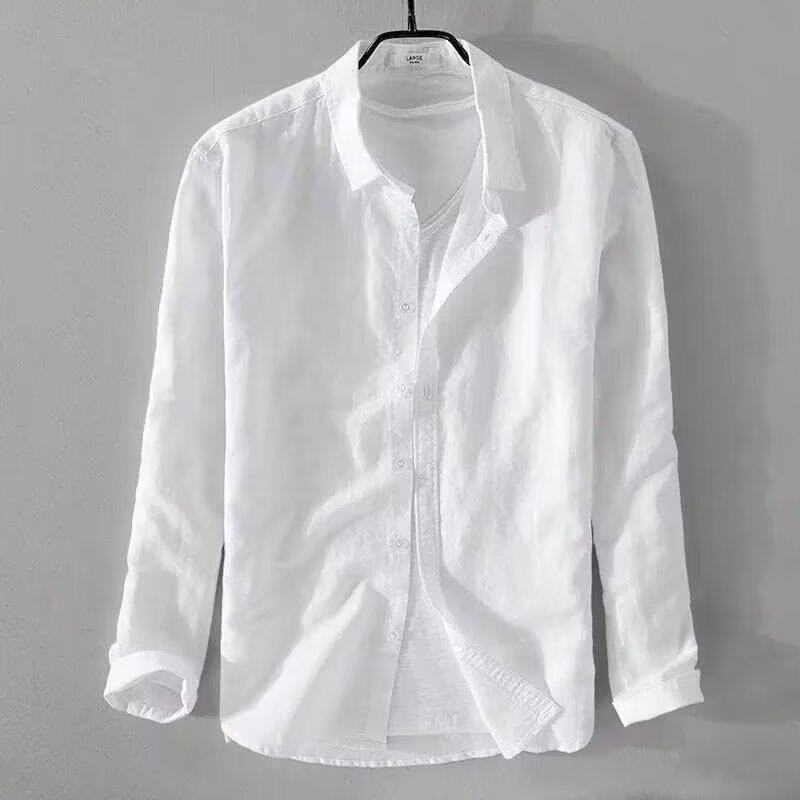 Men's long-sleeve button-up shirt, white, collared with front button placket