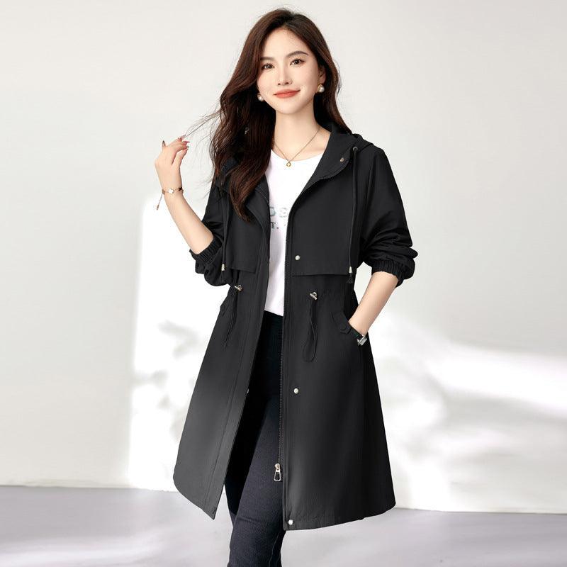 Women’s hooded windbreaker coat in black, mid-length, gathered waist, button-front closure