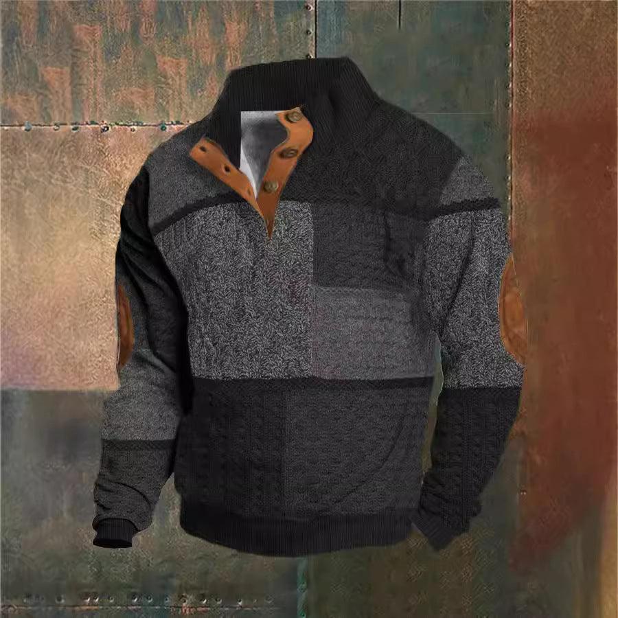 Men's color-block knit sweater with textured print and buckle collar detail; dark grey/black.