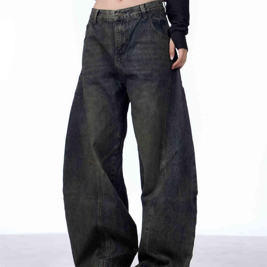 Women's wide-leg denim jeans, dark wash, distressed panel seams and slanted pockets