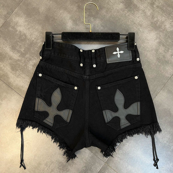 Lace-up Frayed Cross Flower & Pattern Sweet Cool Denim Shorts For Women